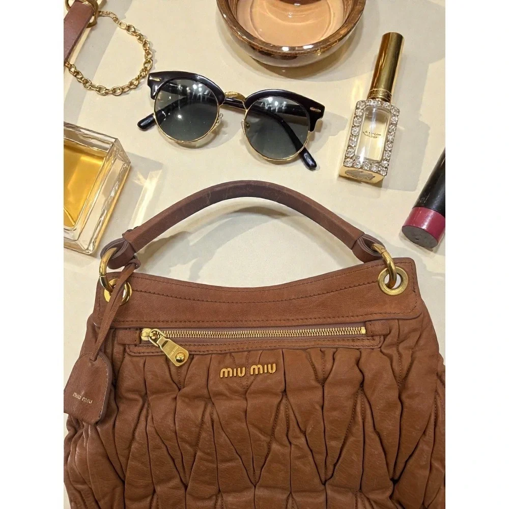 Miu‎ Miu Vintage Coffer Matelasse Ruched Leather Hobo Bag